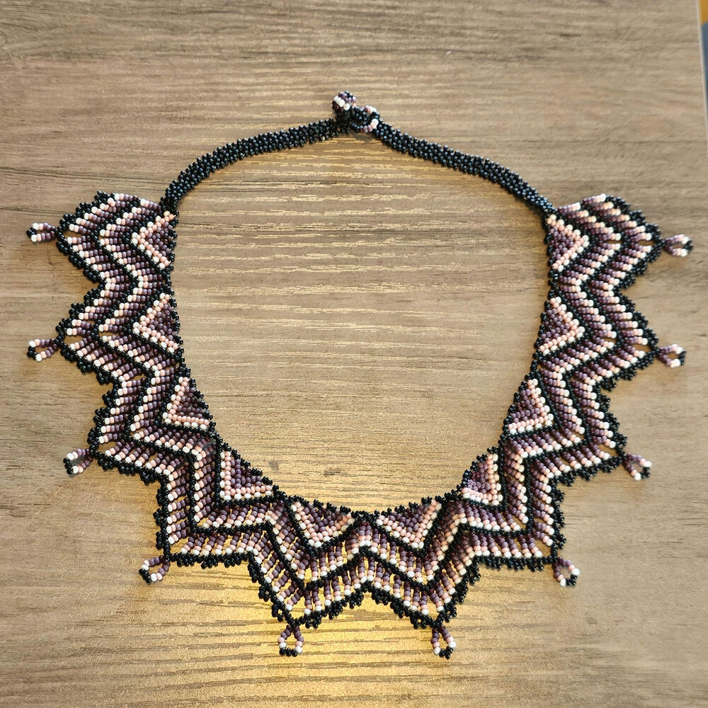 Tribal Seed Bead Zig Zag Bib Collar Necklace in Purple, Black and White